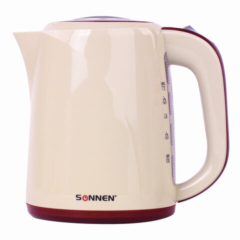 Чайник SONNEN KT-002, закрытый нагр. элемент, объем 1,7л, 2200Вт, пластик, бежевый/красный, 451711