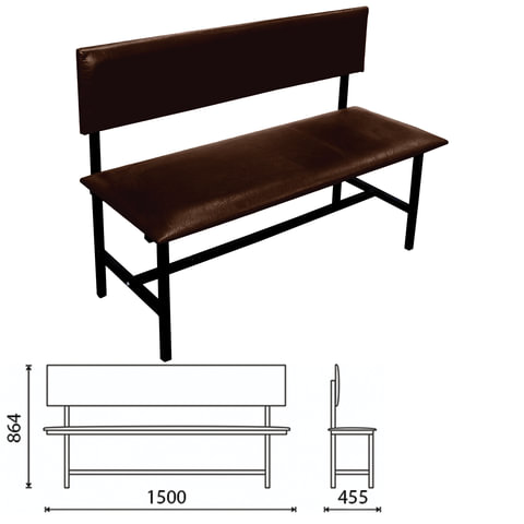 Банкетка со спинкой "Берта" 1500х475х864 мм, усиленная, черный каркас, кожзам коричневый
