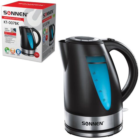 Чайник SONNEN KT-007BK, закрытый нагр. элемент, объем 1,8л, 2200Вт, пластик, черный, 451253