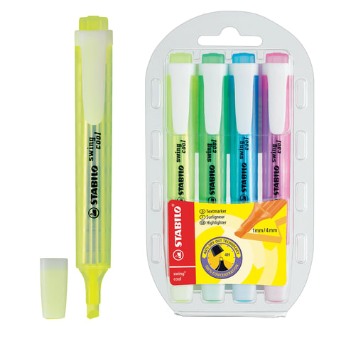 Текстмаркеры STABILO, НАБОР 4 шт., АССОРТИ, "Swing cool", скошенный наконечник, 1-4 мм, 275/4 