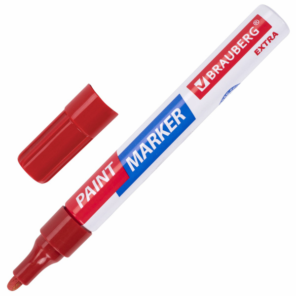 Маркер-краска лаковый EXTRA (paint marker) 4 мм, КРАСНЫЙ, УСИЛЕННАЯ НИТРО-ОСНОВА, BRAUBERG