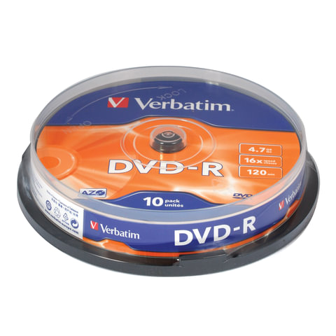 Диски DVD-R(минус) VERBATIM 4,7Gb 16x 10шт Cake Box 43523 (ш/к-5235) ОЗ Диски DVD-R(минус) VERBATIM 