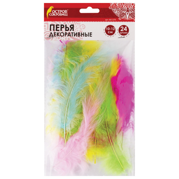 Перья декоративные СТРАУСИНЫЕ (10-12см), 24шт., 6 цветов, ПАСТЕЛЬ, ассорти, ОСТРОВ СОКРОВИЩ, 661379
