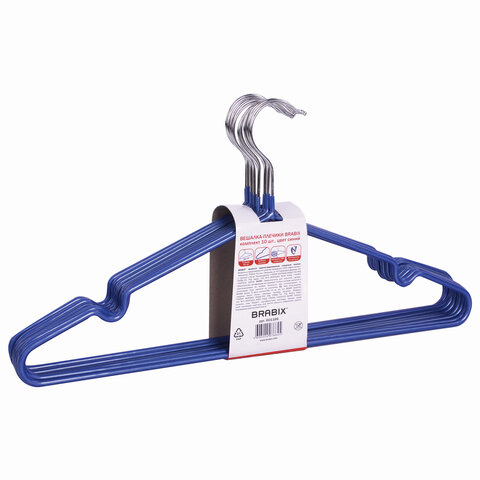 Вешалки-плечики р. 48-50 BRABIX "Стандарт", комплект 10 шт., металл/ПВХ, 45 см, цвет синий