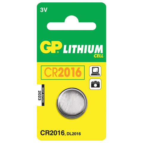 Батарейка GP (Джи-Пи) CR2016, литиевая, d=20мм, h=1,6мм, в блистере (1шт), 3В, CR2016-7C1