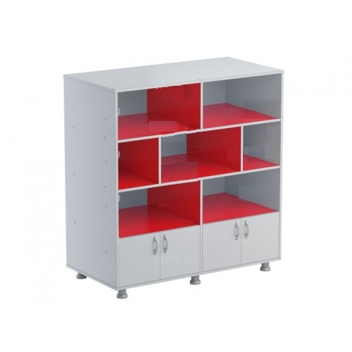 Шкаф-стеллаж, снизу дверки, 1200х420х1260мм, серый/полки красные