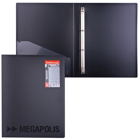 Папка 4 кольца ERICH KRAUSE "Megapolis", 24мм, черная, 14513