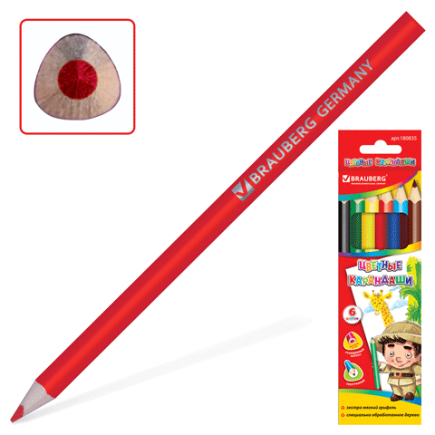 Карандаши цветные BRAUBERG "Kids Series" 6 цв., утолщенные, трехгранные, карт. упак., 180835