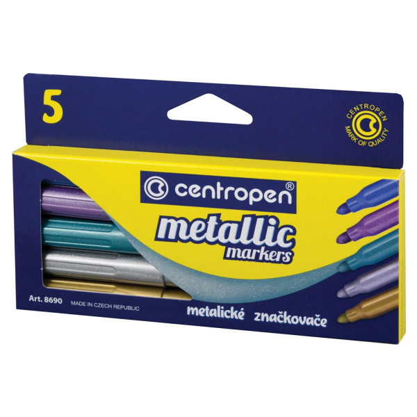 Фломастеры МЕТАЛЛИК 5 ЦВЕТОВ CENTROPEN "Metallic", эргономичные, вентилируемый колпачок, 8690/5KK