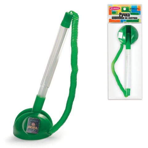 Ручка шариковая настольная BEIFA (Бэйфа) "СТОППЕН", на липучке, корпус прозрачный/зеленый, 0,7 мм, с