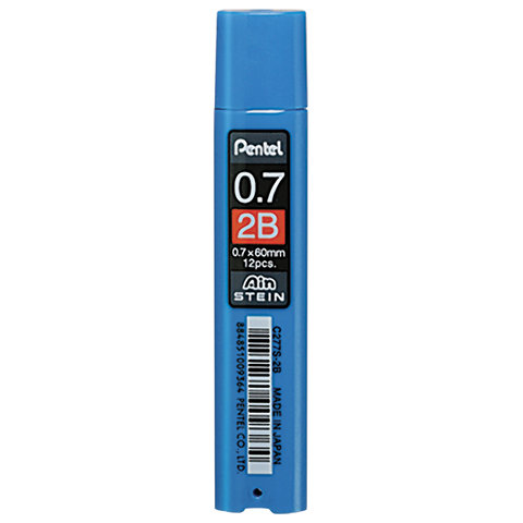 Грифели запасные PENTEL (Япония) в КОМПЛЕКТЕ из 12 шт., "Ain Stein", 2В, 0,7 мм, C277S-2B 