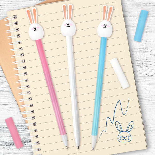 Ручка с топпером шариковая ЮНЛАНДИЯ "Ушастый зайка", корпус ассорти, СИНЯЯ, узел 0,7мм, 143782