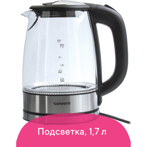 Чайник SONNEN KT-1788, 1,7 л, 2200 Вт, закрытый нагревательный элемент, стекло, черный, подсветка