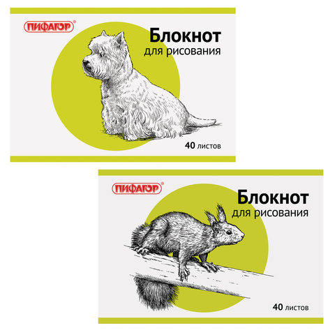 Блокнот для рисования, А4, 40 л., обложка офсет, горизонтальный, ПИФАГОР, "Животные", 2 вида, Код_1С