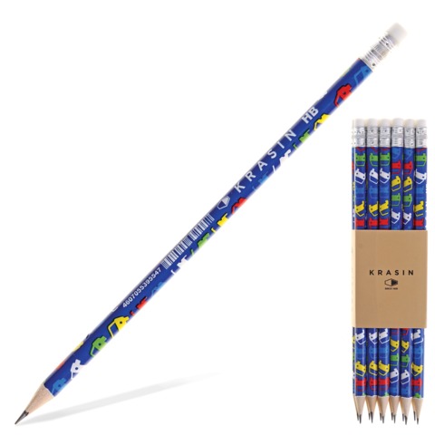 Карандаш ч/гр КРАСИН "Автомобили", НВ, голубые с машинками, круглые, с резинкой, 190 мм, ш/к 5547