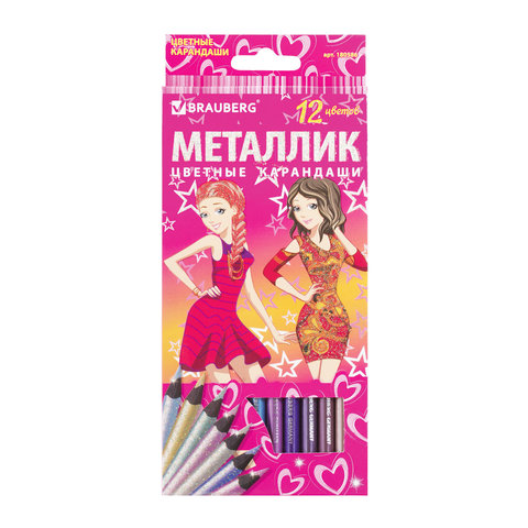 Карандаши цветные BRAUBERG "Pretty Girls" (Подружки), 12 цв., черное дерево, металлик