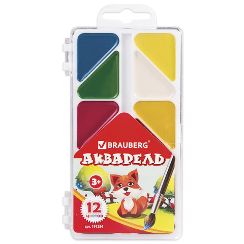 Краски акварельные BRAUBERG "Мозаика", 12цв, медовые, треуг. кюветы, пласт. коробка, б/кисти 191284