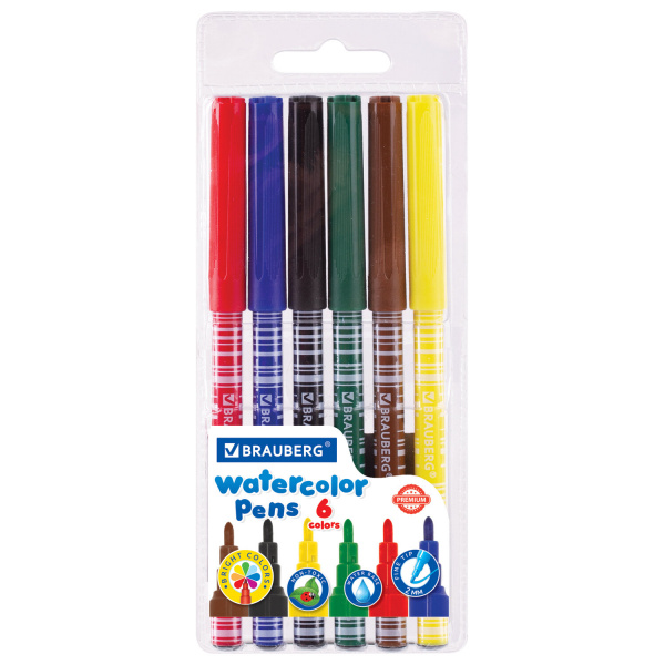Фломастеры BRAUBERG PREMIUM, 6 цветов, КОРПУС С ПЕЧАТЬЮ, ПВХ-упаковка, 151941