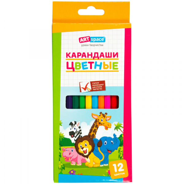 Карандаши ArtSpace "Зверята", 12цв., заточен., картон, европодвес