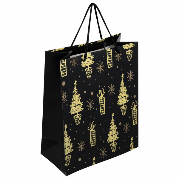 Пакет подарочный (1 штука) новогодний 26x13x32см ЗОЛОТАЯ СКАЗКА "Black&Gold", фольга, чёрный, 608236