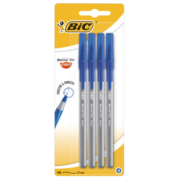 Ручки шариковые с грипом BIC Round Stic Exact, НАБОР 4 шт., СИНИЕ, линия 0,28мм, блистер, 932857