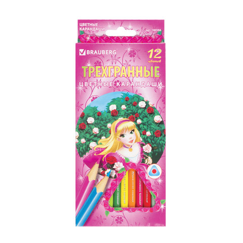 Карандаши цветные BRAUBERG "Rose Angel" (Ангел Роз), 12 цв., трехгранные, заточенные