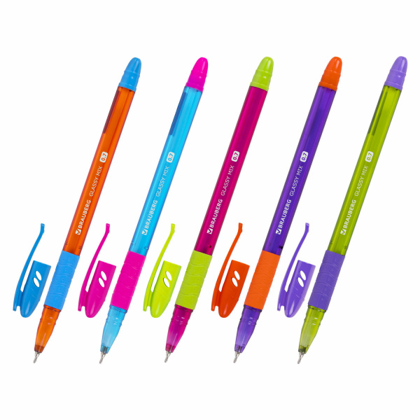 Ручка шариковая масляная с грипом BRAUBERG GLASSY MIX, СИНЯЯ, корпус ассорти, линия письма 0,35 мм, 