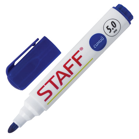 Маркер для доски STAFF, СИНИЙ, с клипом, круглый наконечник 5 мм, 151492