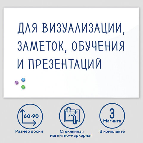 Доска магнитно-маркерная стеклянная (60х90 см), 3 магнита, БЕЛАЯ, BRAUBERG, 236747