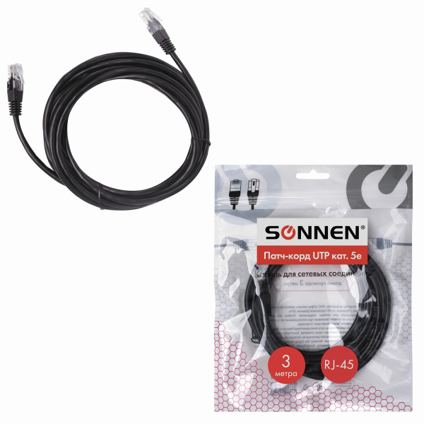 Кабель (патч-корд) UTP 5e категория, RJ-45, 3 м,SONNEN для подключения по локальной сети LAN, 513123