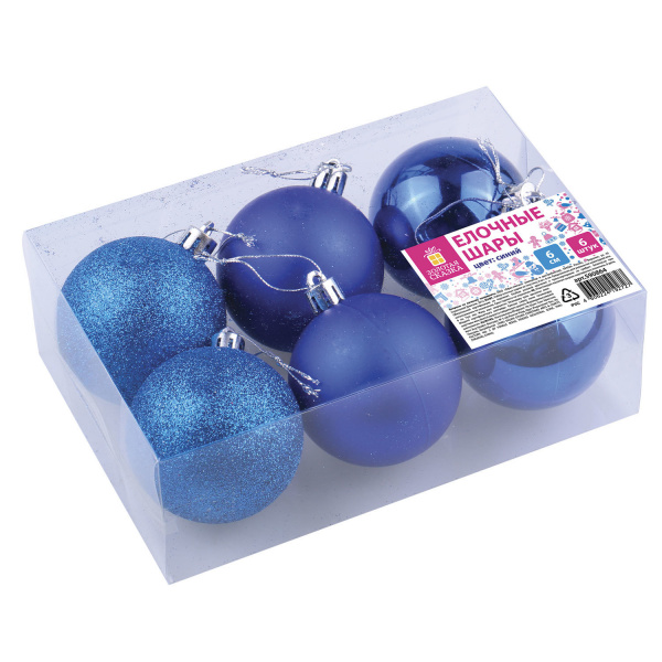 Шары елочные ЗОЛОТАЯ СКАЗКА, НАБОР 6шт, пластик, 6см, СИНИЕ (глянец, матовый, глиттер), 590864