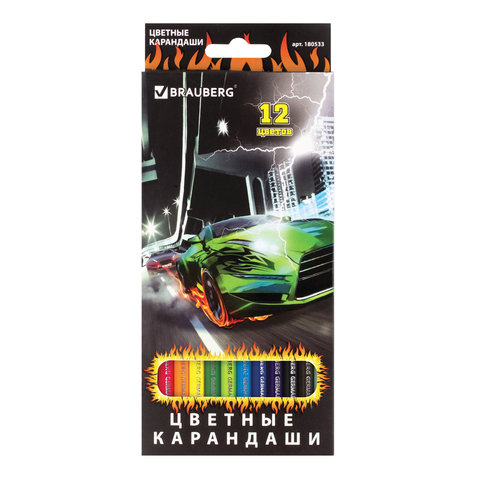 Карандаши цветные BRAUBERG "Hot Cars" (Крутые тачки), 12 цв., заточенные